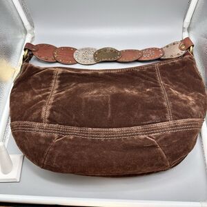 Fossil Taho Brown Fabric Shoulder Bag Boho Wide Leather Strap Purse